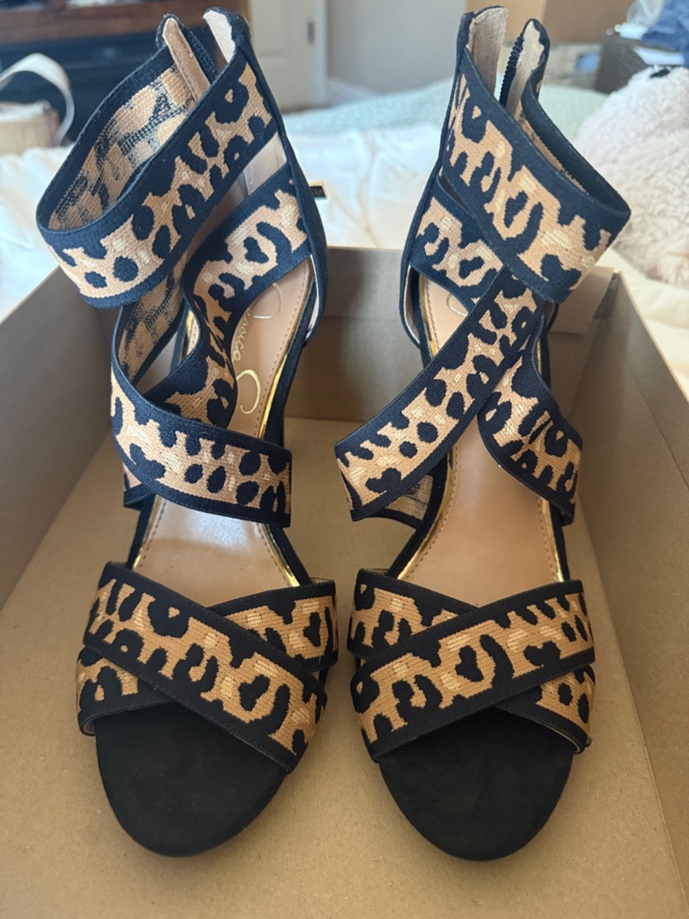 Jessica Simpson Leopard-Pattern Strappy Heels - Black & Tan